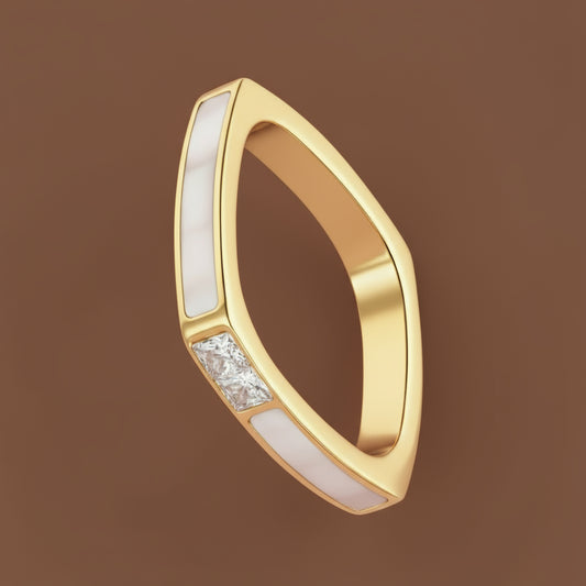 Titanium Stainless Steel Geometric Square Cubic Zirconia Ring with 18K Gold Plating and Bohemian Shell Design for Women - R21028