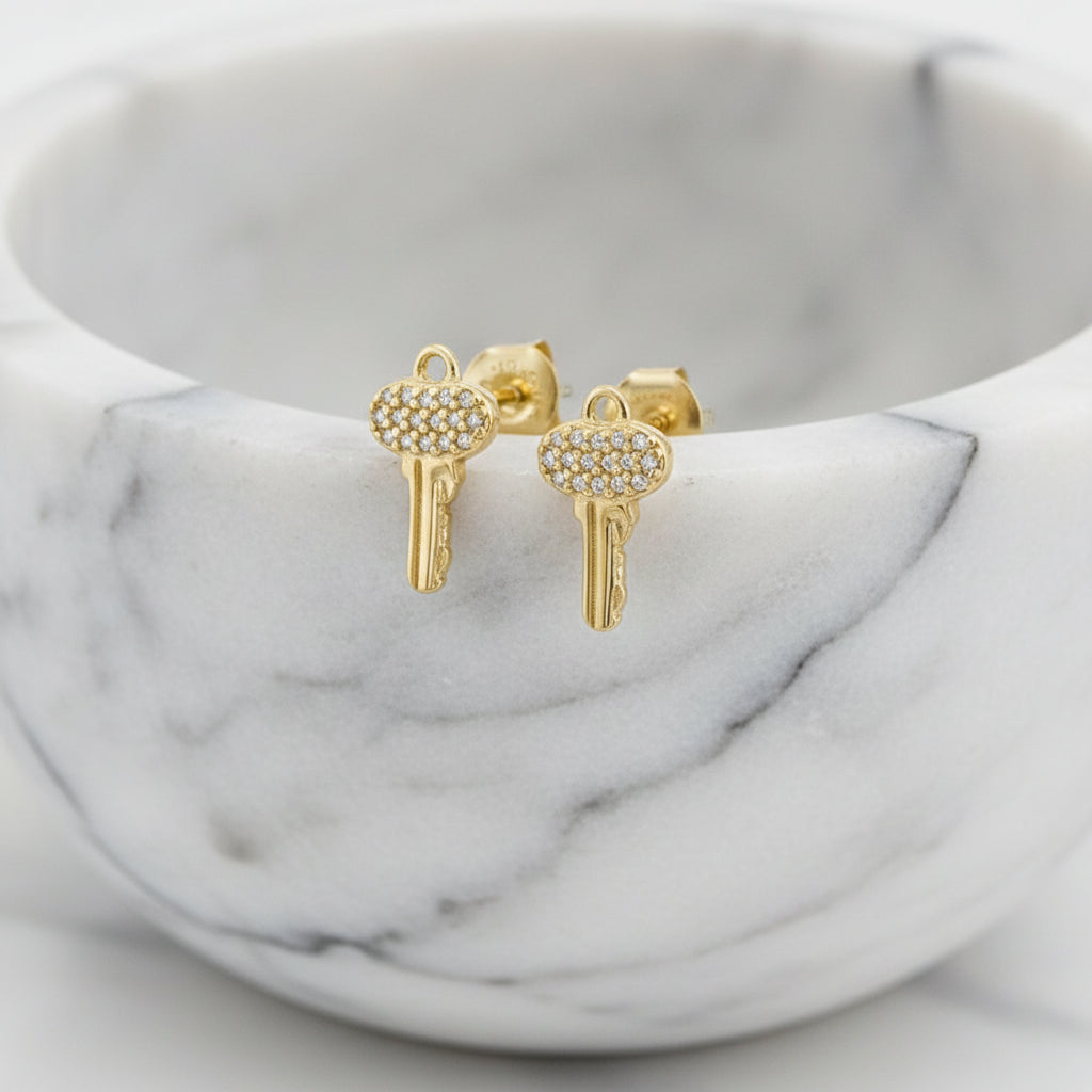 Unlock Elegance: Zirconia Lock & Key Stud Earrings