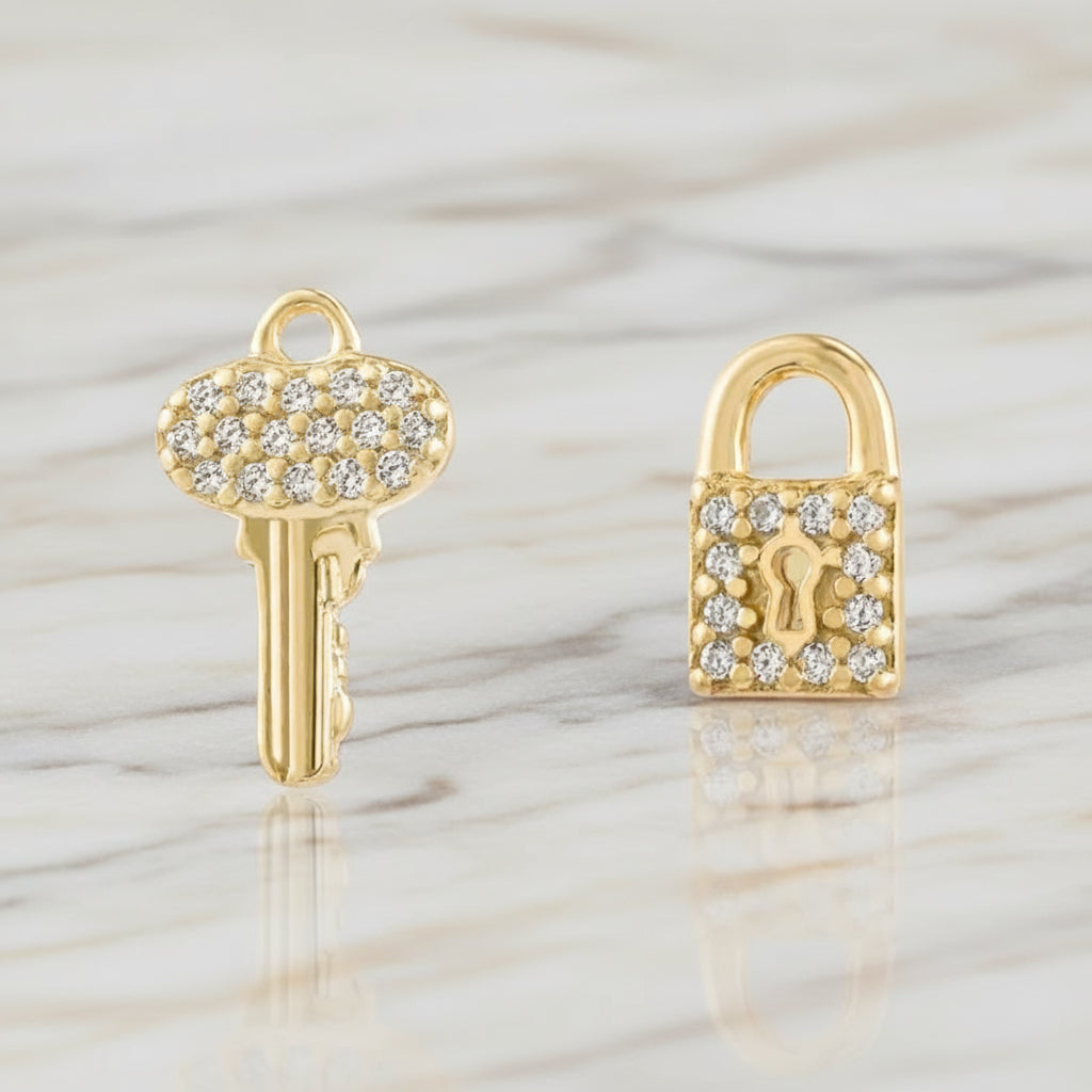 Unlock Elegance: Zirconia Lock & Key Stud Earrings