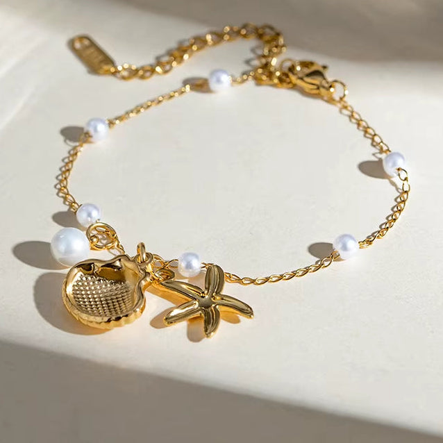 Opulent Ocean Pearl & Starfish Bracelet -18k Gold Plated