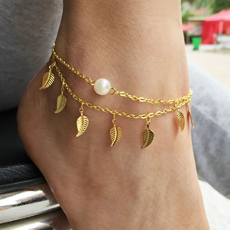 Whispers of Bloom: Plum Blossom Anklet in Tibetan Silver: Luxe Anklet for Serene Souls double chain gold leaf pearl