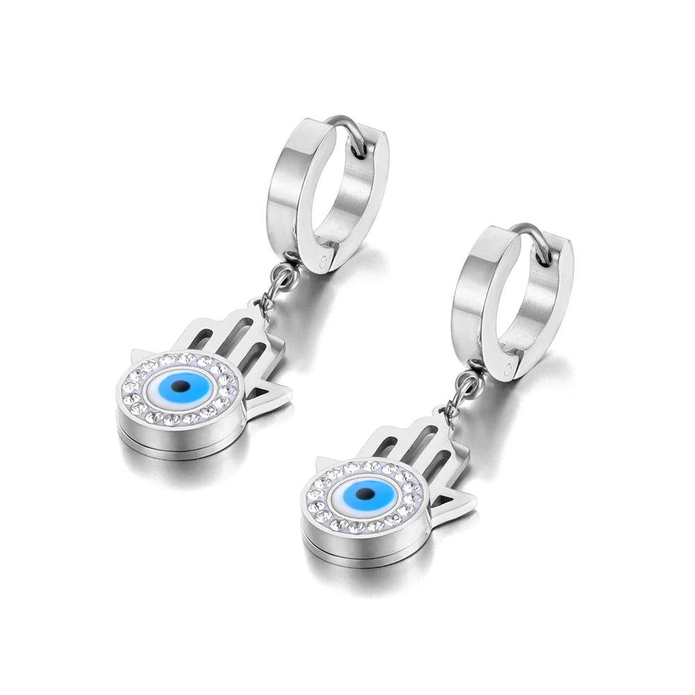 Religious Titanium Stainless Steel Blue Turkish Eyes Earrings Jewelry Fashion Rhinestone Hoop Earrings for Women E22053