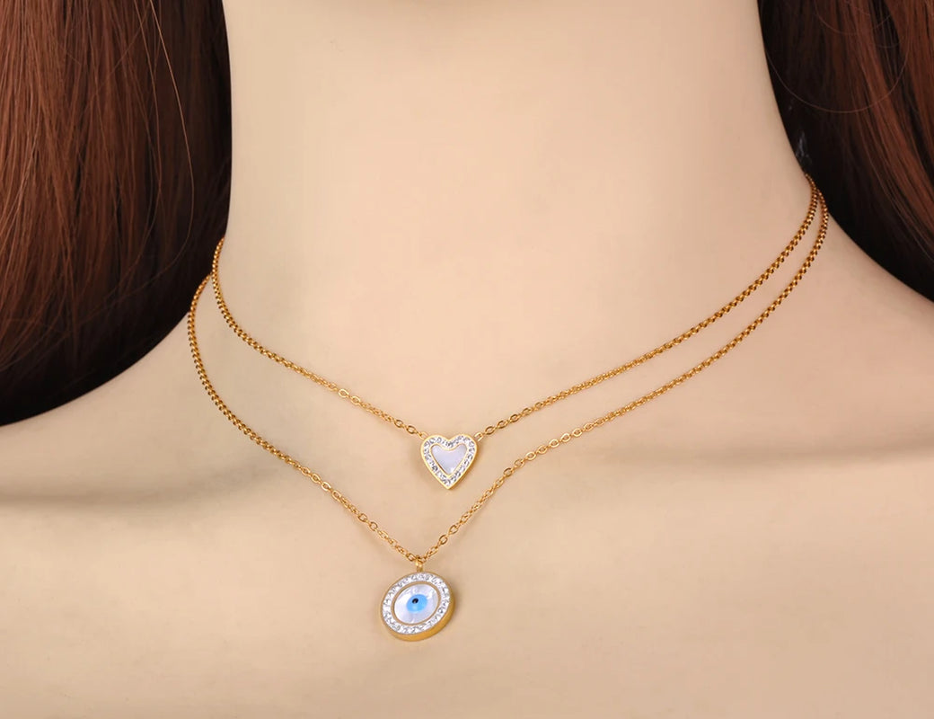 Titanium Stainless Steel Double Layer Heart and Turkey Eye Charm Choker Necklace for Women look