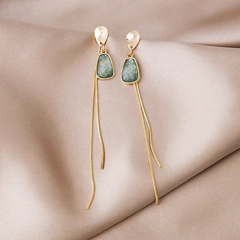 Geometric Gold Drop Earrings – Vintage Green Crystal Dangle