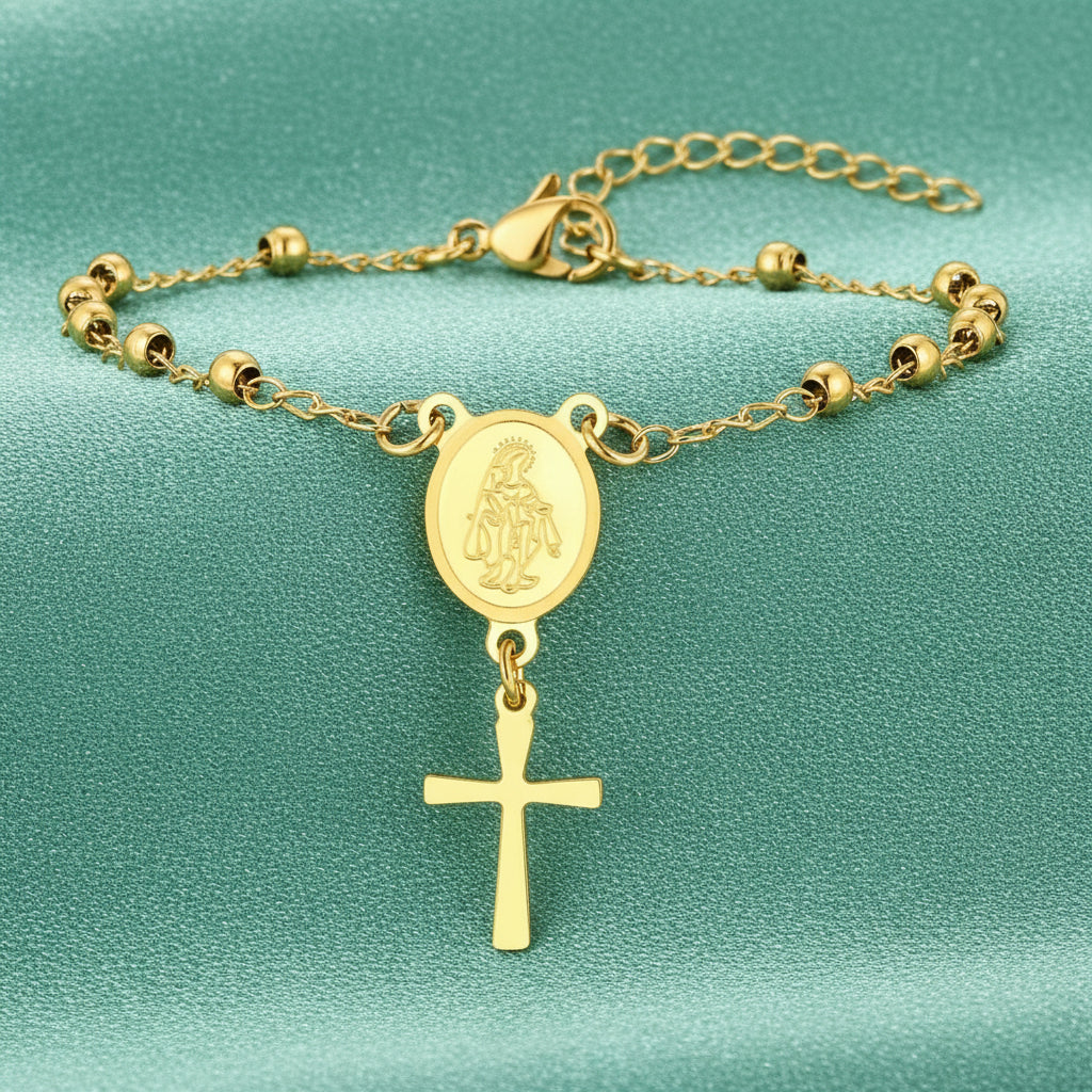 Divine Grace Rosary Bracelet – Faith Woven in Golden Beauty