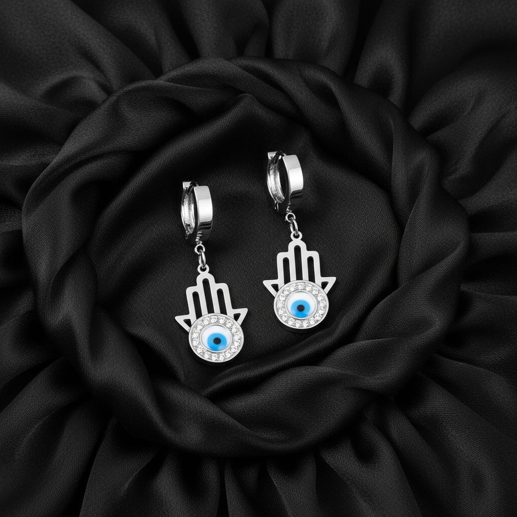 Religious Titanium Stainless Steel Blue Turkish Eyes Earrings Jewelry Fashion Rhinestone Hoop Earrings for Women E22053
