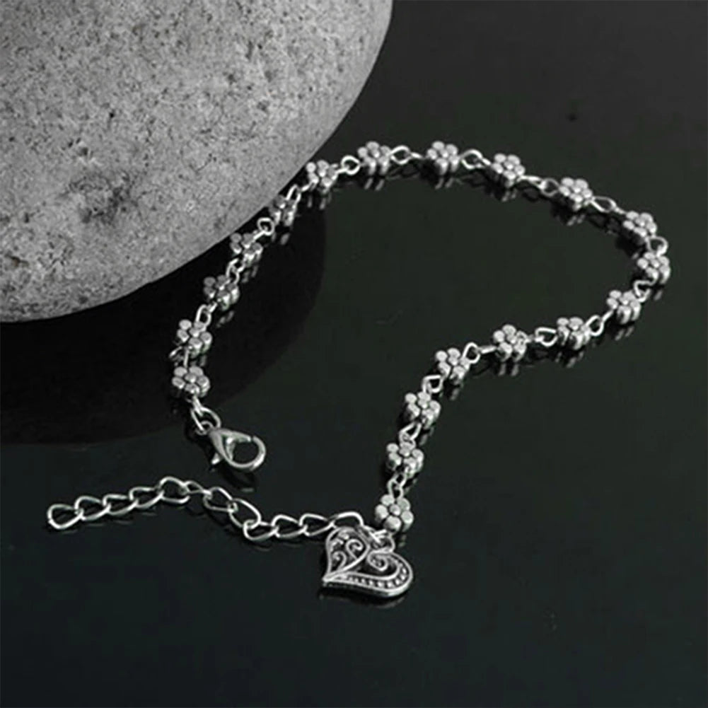 Whispers of Bloom: Plum Blossom Anklet in Tibetan Silver: Luxe Anklet for Serene Souls silver heart open 2