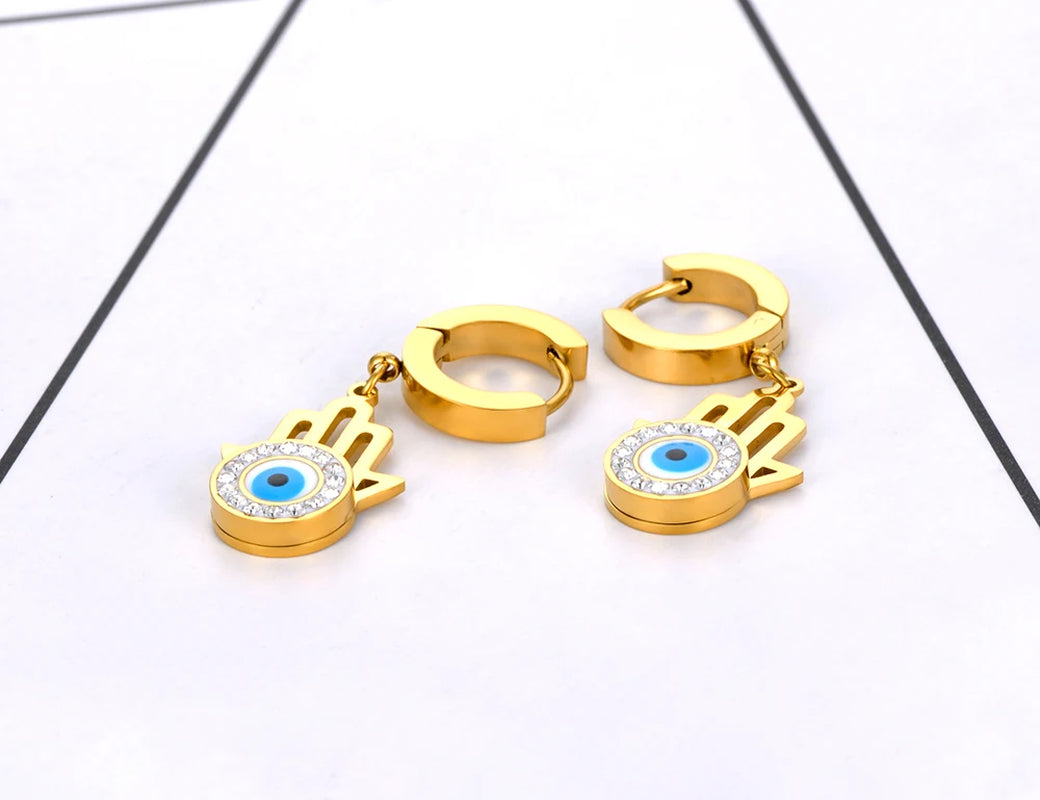 Religious Titanium Stainless Steel Blue Turkish Eyes Earrings Jewelry Fashion Rhinestone Hoop Earrings for Women E22053