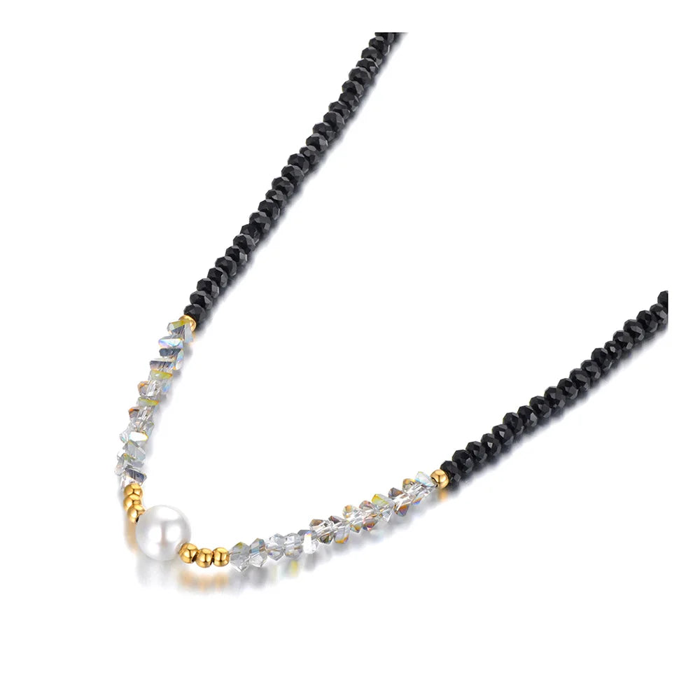 Titanium Stainless Steel White Pearl Choker Necklace with 4mm Crystal Strand for Women and Girls