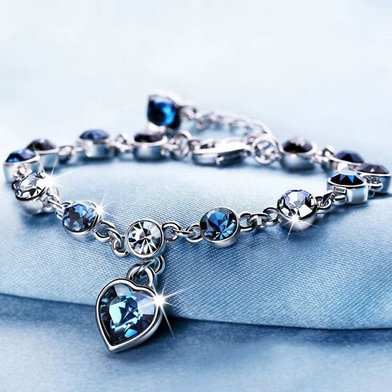 Blue Crystal Heart Bracelet – Silver Charm of Love