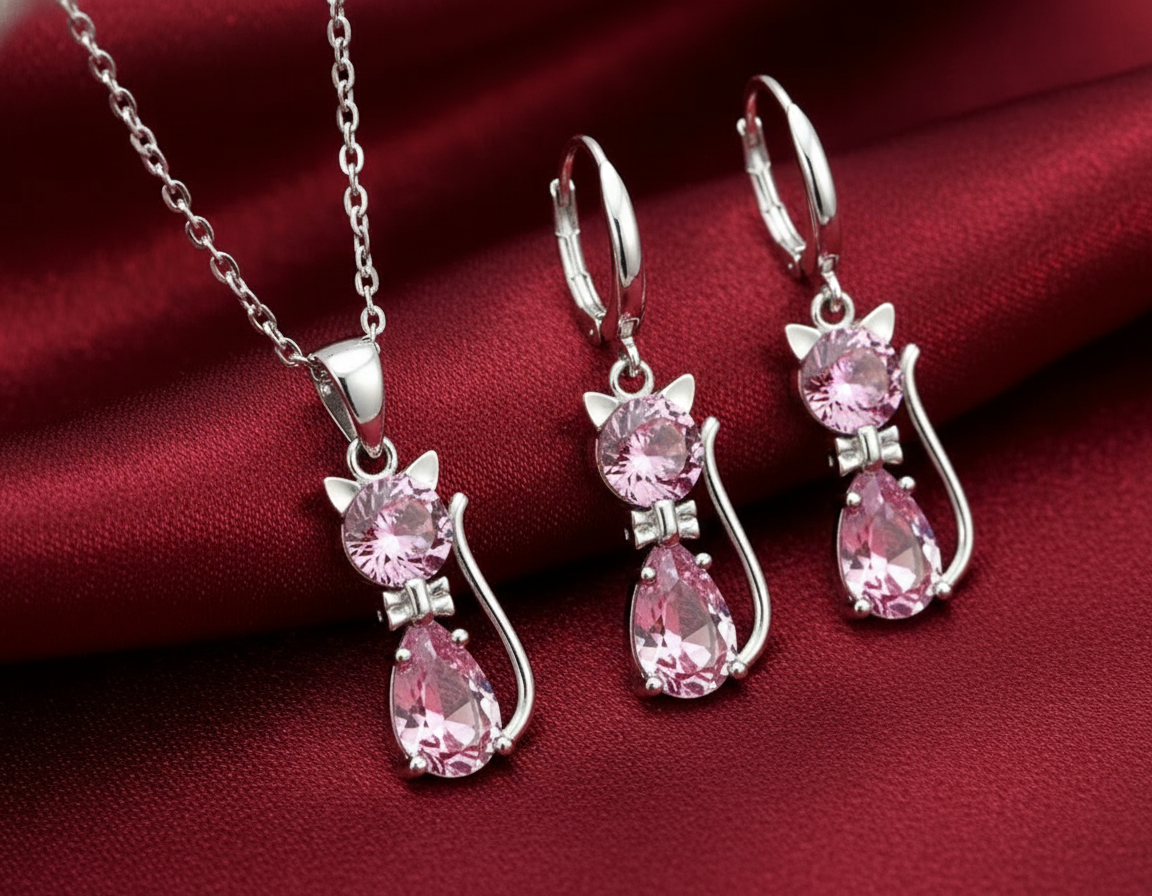 Sterling Silver Cat Pendant Set – Elegant & Adorable