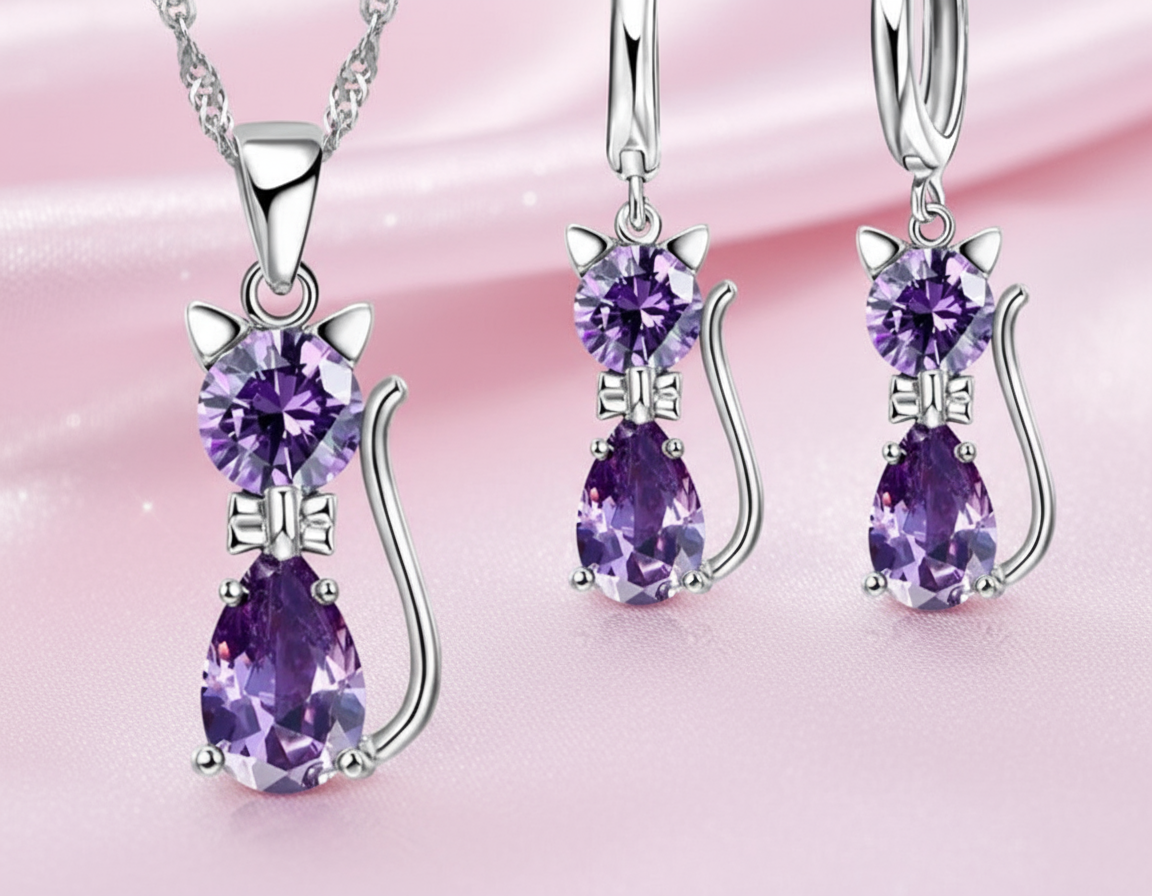 Sterling Silver Cat Pendant Set – Elegant & Adorable