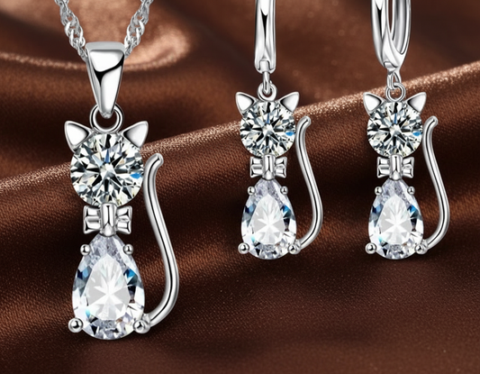 Sterling Silver Cat Pendant Set – Elegant & Adorable