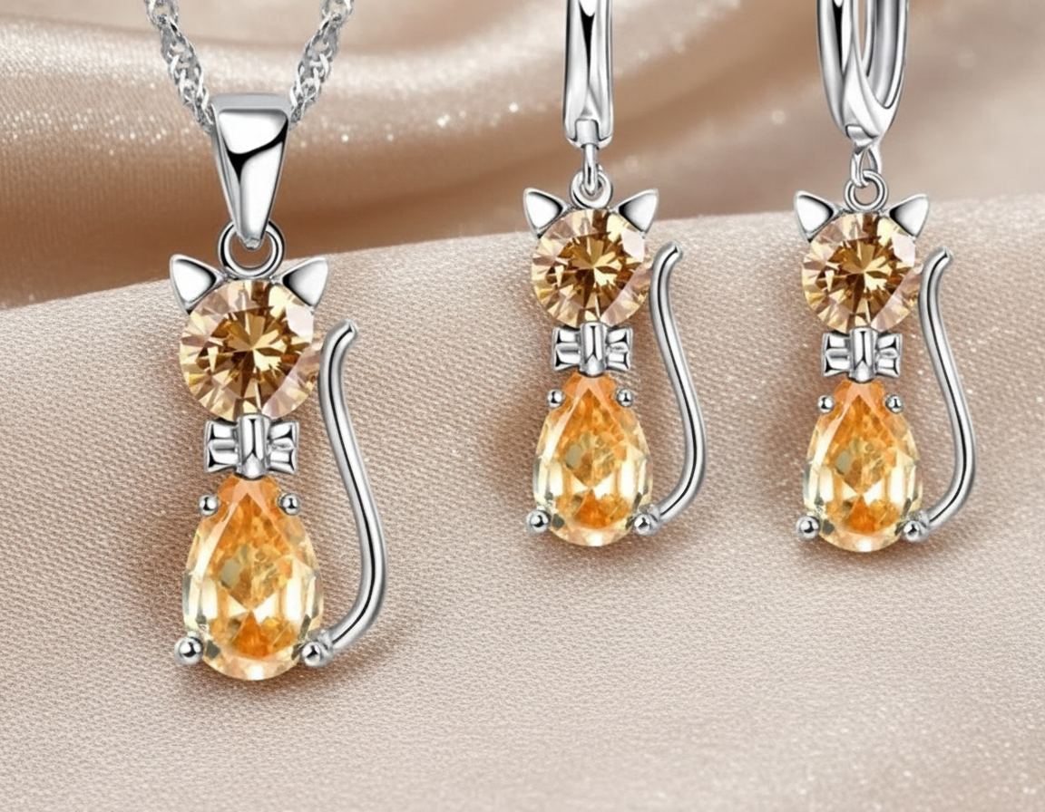 Sterling Silver Cat Pendant Set – Elegant & Adorable