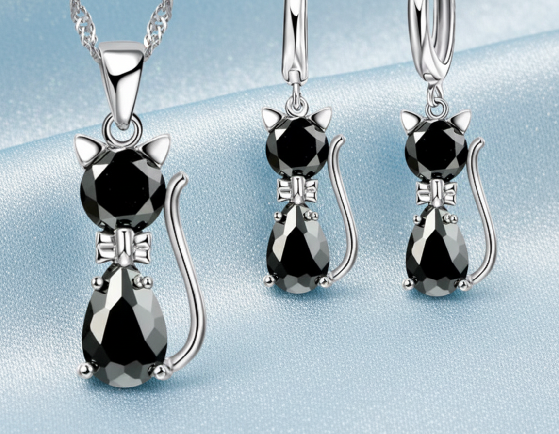 Sterling Silver Cat Pendant Set – Elegant & Adorable