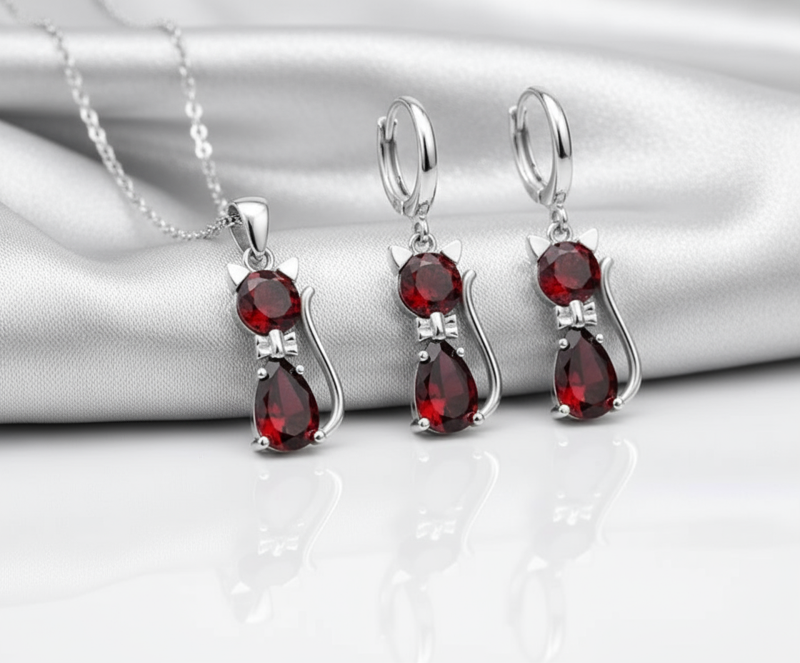 Sterling Silver Cat Pendant Set – Elegant & Adorable