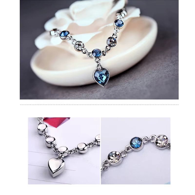 Blue Crystal Heart Bracelet – Silver Charm of Love