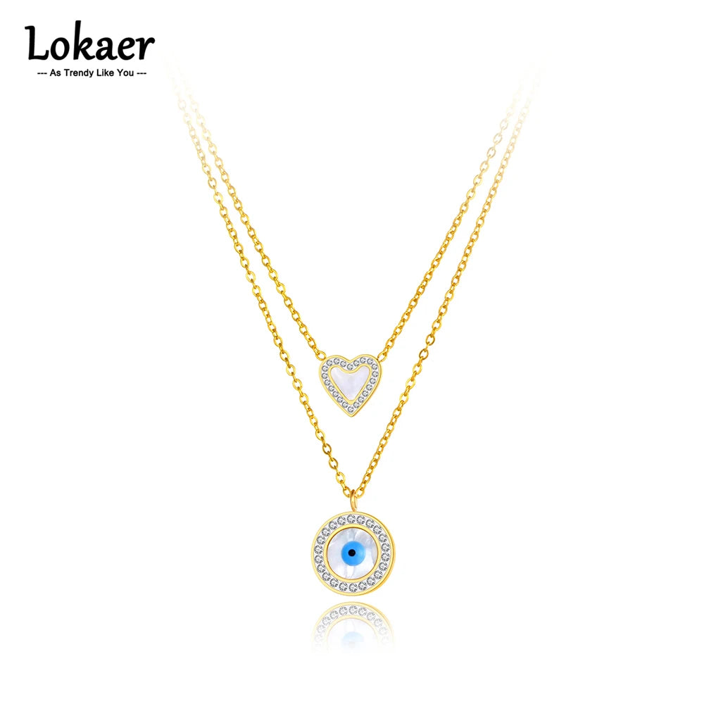 Titanium Stainless Steel Double Layer Heart and Turkey Eye Charm Choker Necklace for Women  close