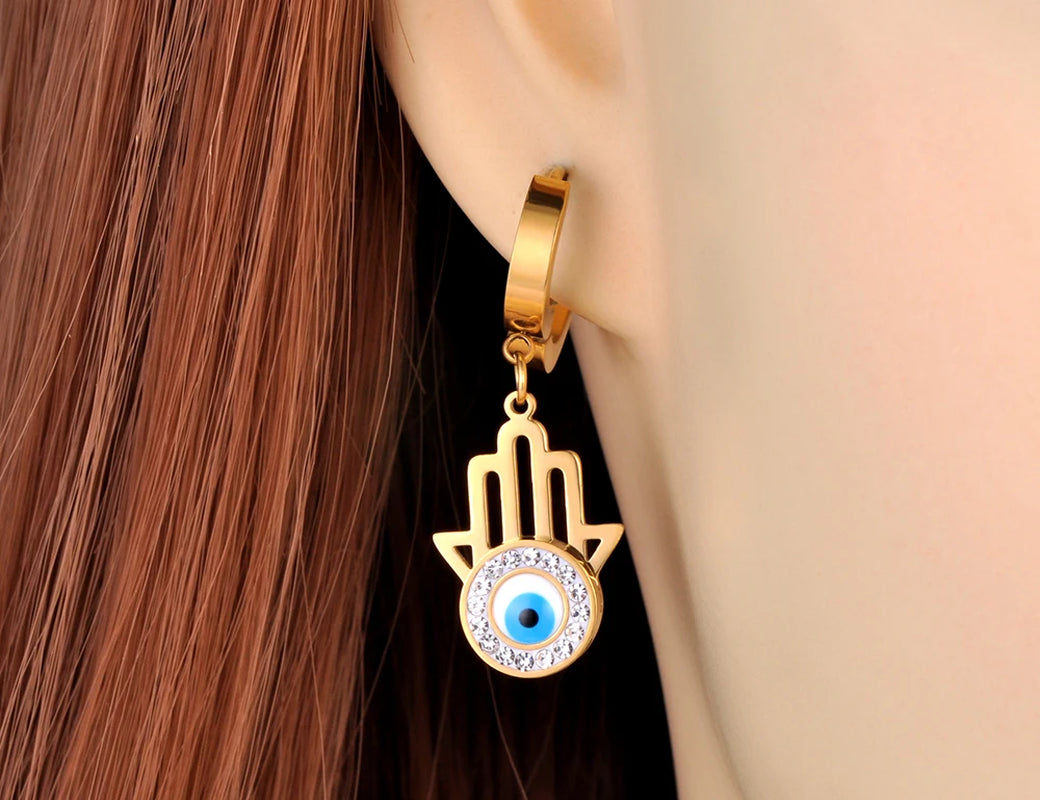 Religious Titanium Stainless Steel Blue Turkish Eyes Earrings Jewelry Fashion Rhinestone Hoop Earrings for Women E22053