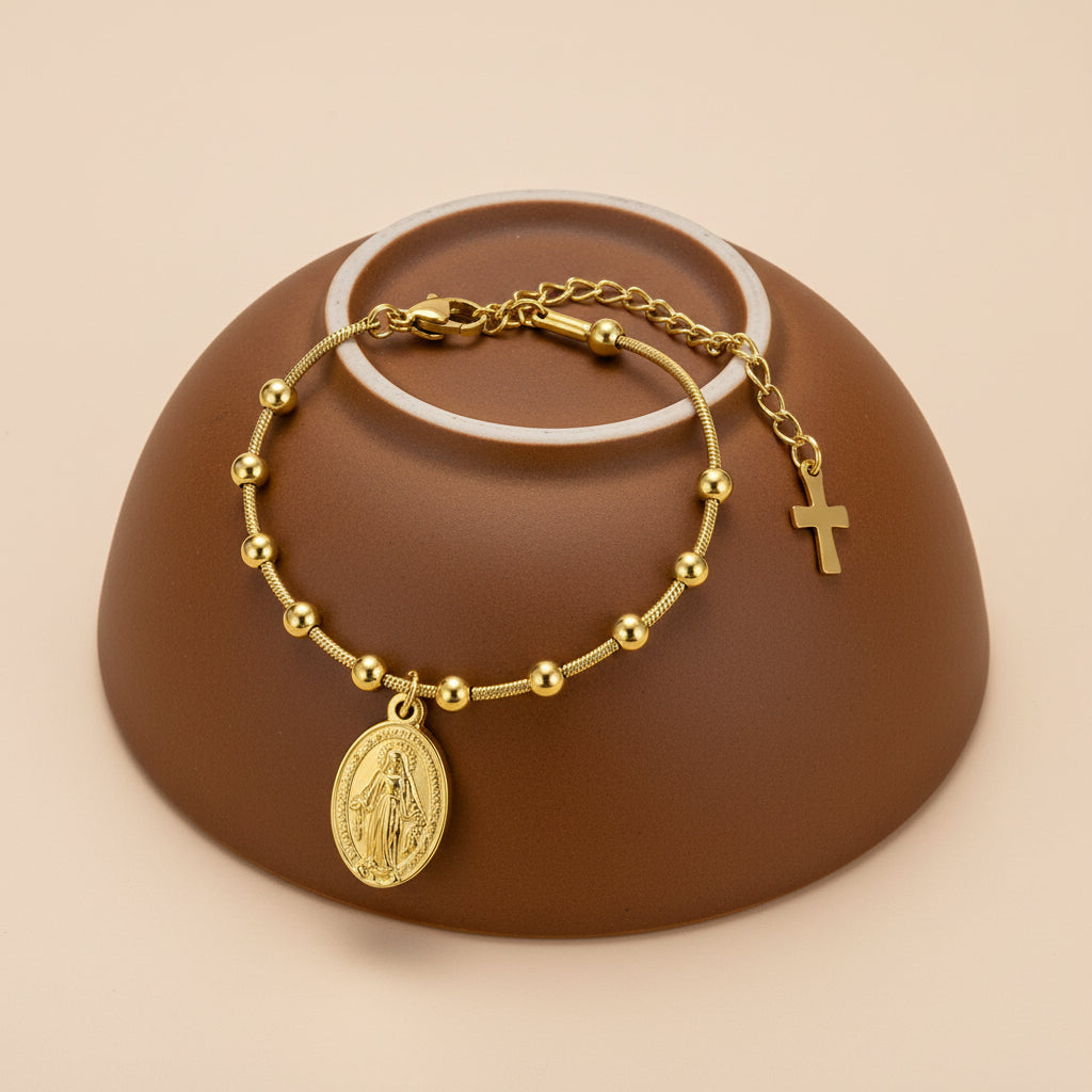 Divine Grace Rosary Bracelet – Faith Woven in Golden Beauty