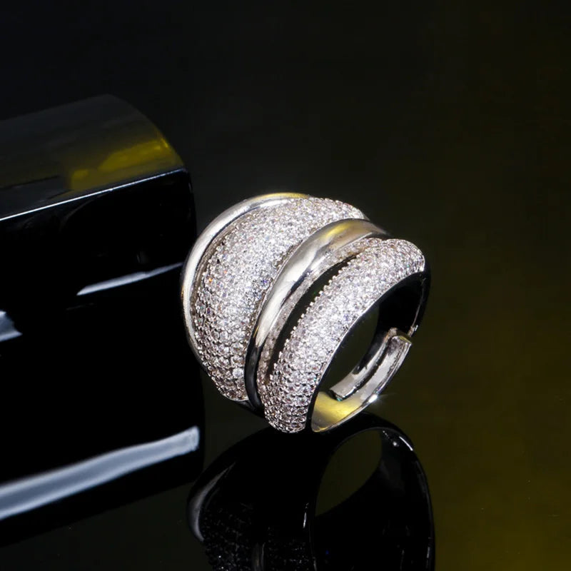 Pera Luxury Sparkling CZ Zircon Silver Color Multilayer Large Open Resizable Wedding Rings for Women Party Jewlery Gift R141