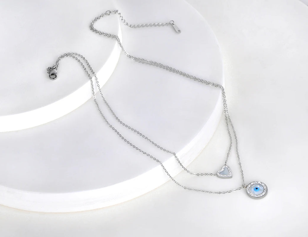 Titanium Stainless Steel Double Layer Heart and Turkey Eye Charm Choker Necklace for Women silver full