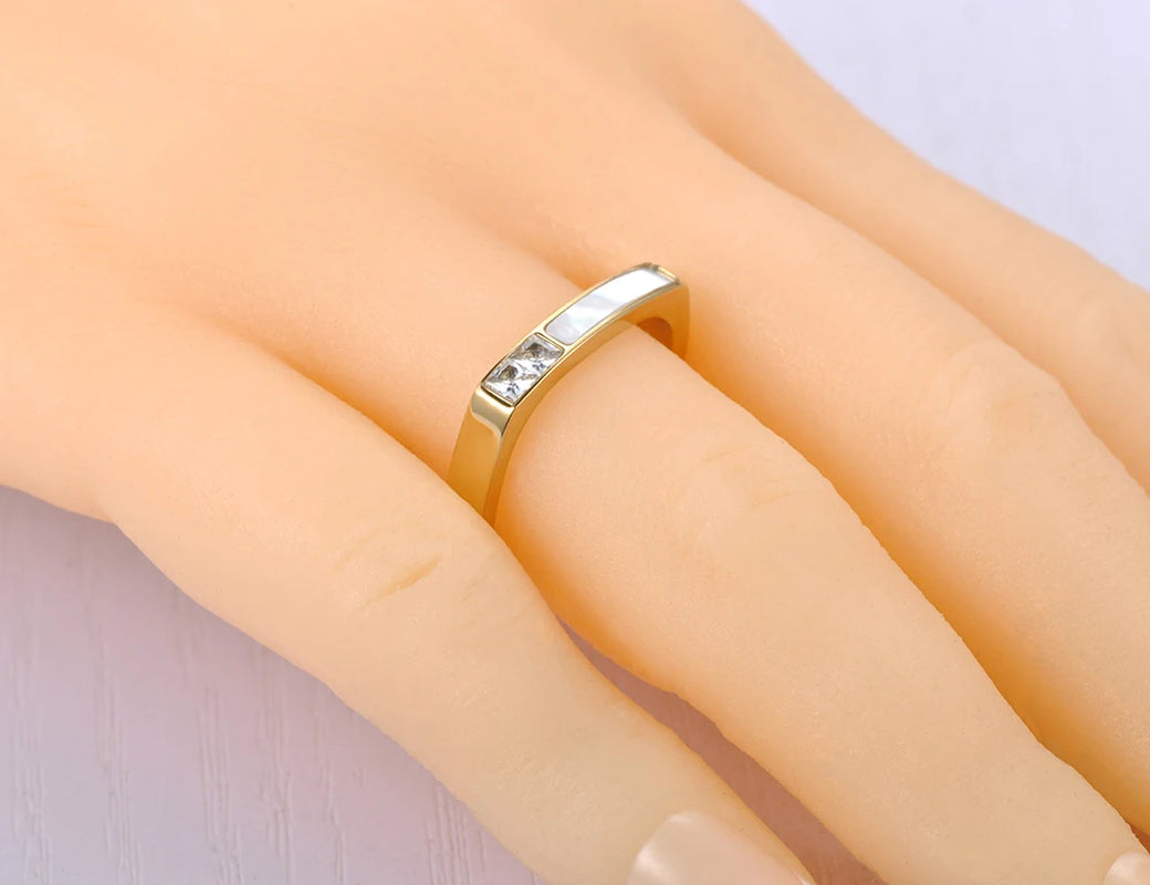 Titanium Stainless Steel Geometric Square Cubic Zirconia Ring with 18K Gold Plating and Bohemian Shell Design for Women - R21028