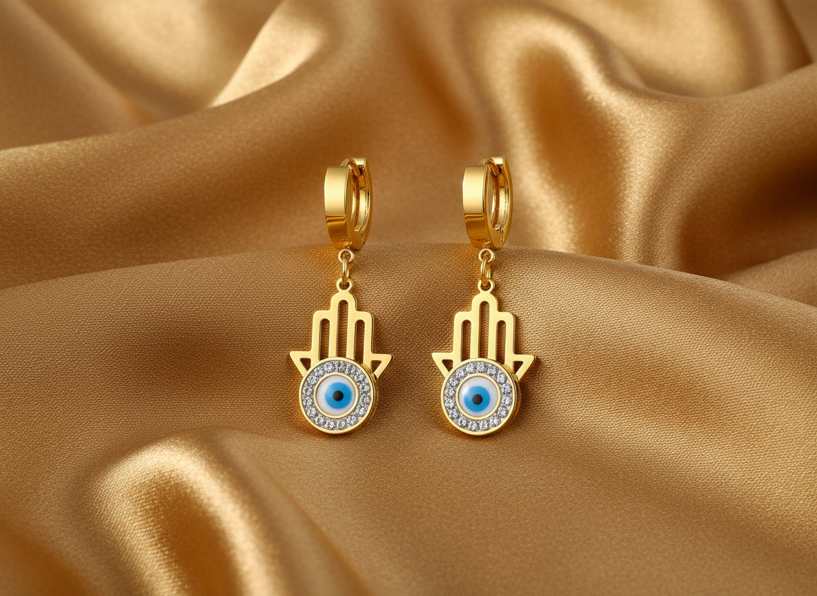 Religious Titanium Stainless Steel Blue Turkish Eyes Earrings Jewelry Fashion Rhinestone Hoop Earrings for Women E22053
