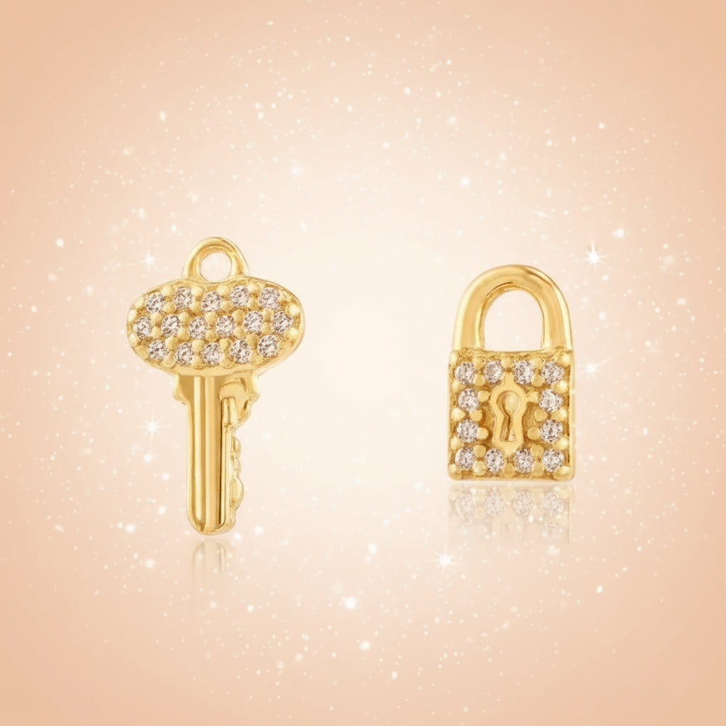 Unlock Elegance: Zirconia Lock & Key Stud Earrings