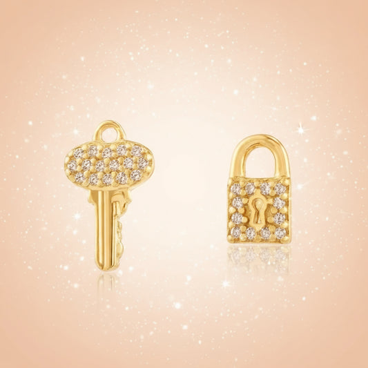 Unlock Elegance: Zirconia Lock & Key Stud Earrings