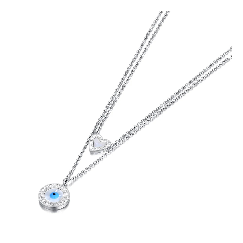 Titanium Stainless Steel Double Layer Heart and Turkey Eye Charm Choker Necklace for Women silver