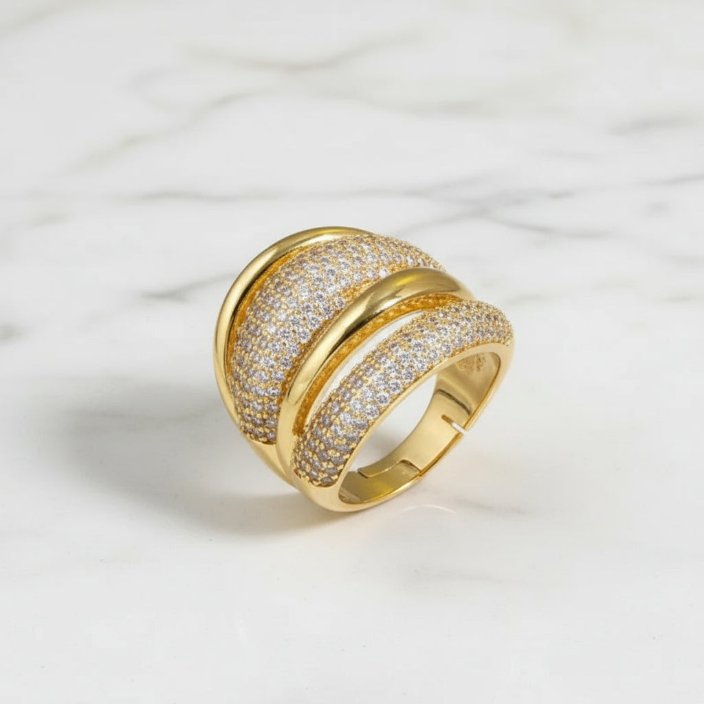 Pera Luxury Sparkling CZ Zircon Silver Color Multilayer Large Open Resizable Wedding Rings for Women Party Jewlery Gift R141