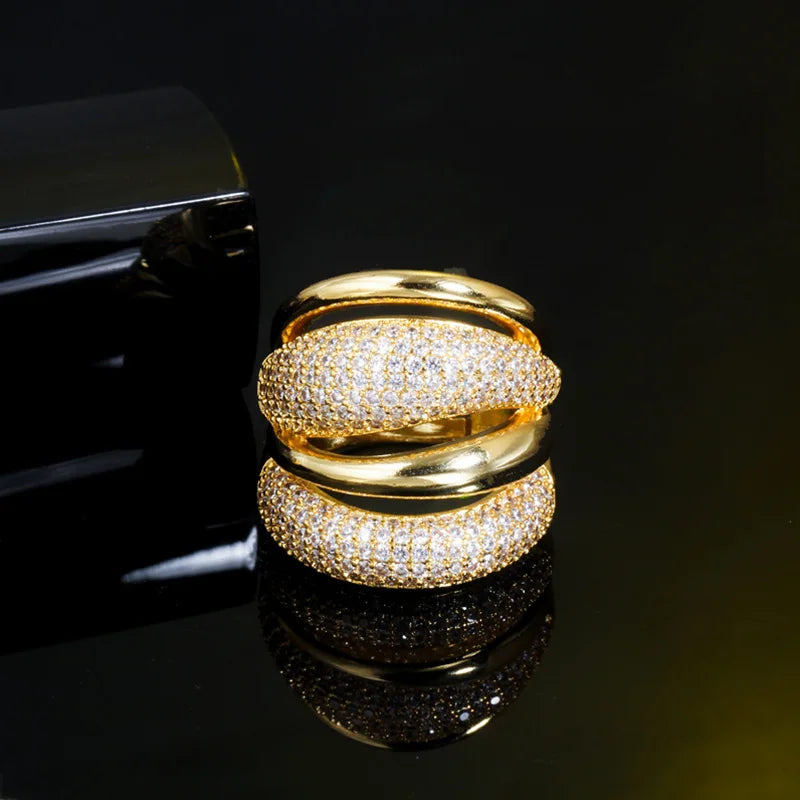 Pera Luxury Sparkling CZ Zircon Silver Color Multilayer Large Open Resizable Wedding Rings for Women Party Jewlery Gift R141