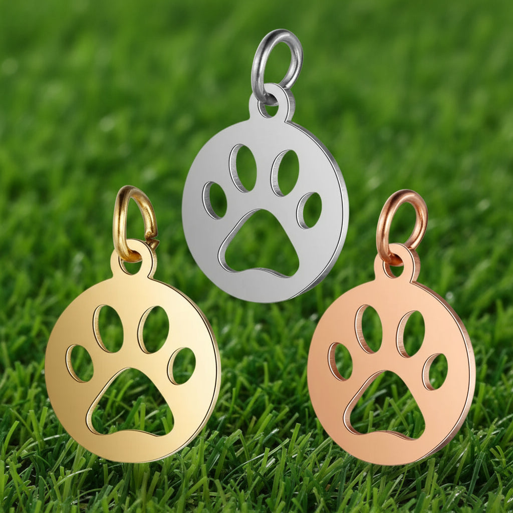 silver, gold, rose gold dog paw round