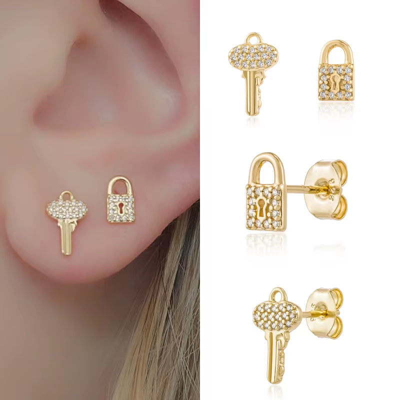 Unlock Elegance: Zirconia Lock & Key Stud Earrings