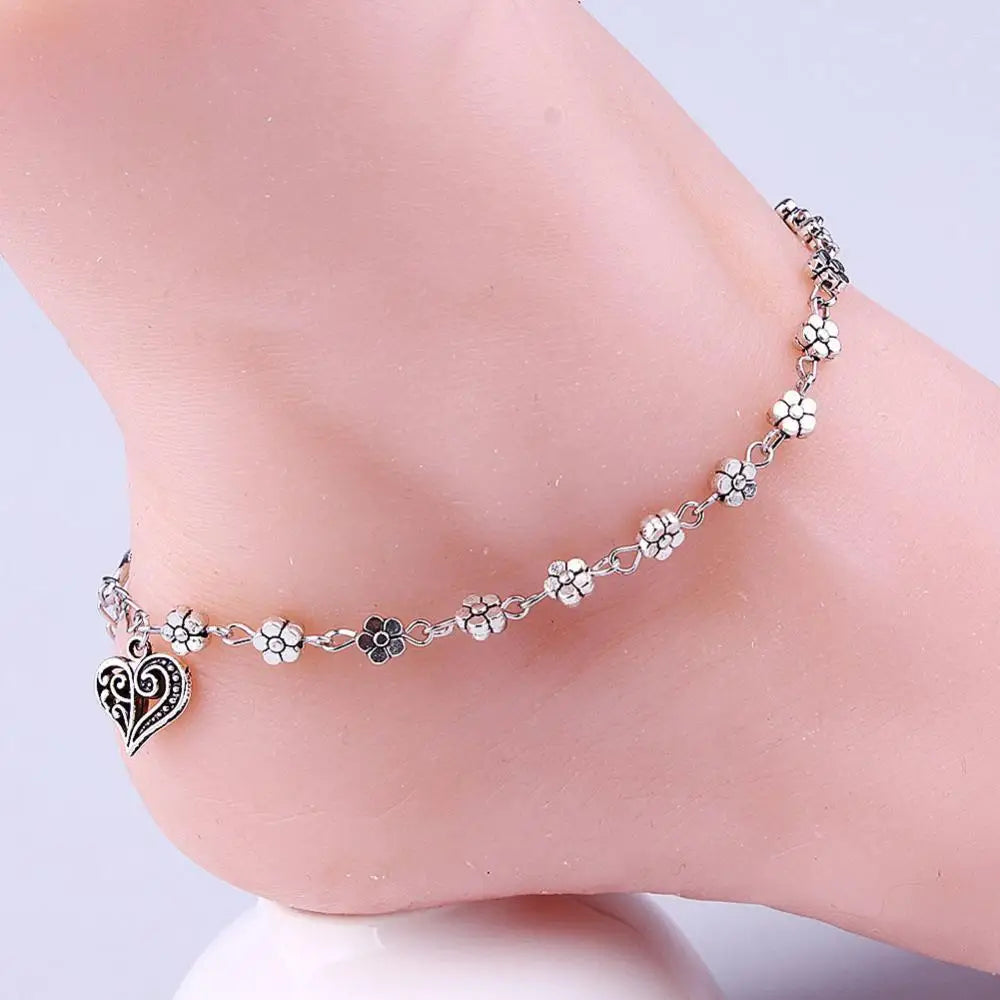 Whispers of Bloom: Plum Blossom Anklet in Tibetan Silver: Luxe Anklet for Serene Souls silver heart side