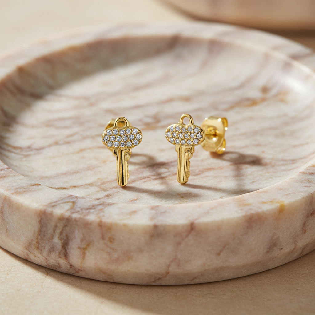 Unlock Elegance: Zirconia Lock & Key Stud Earrings