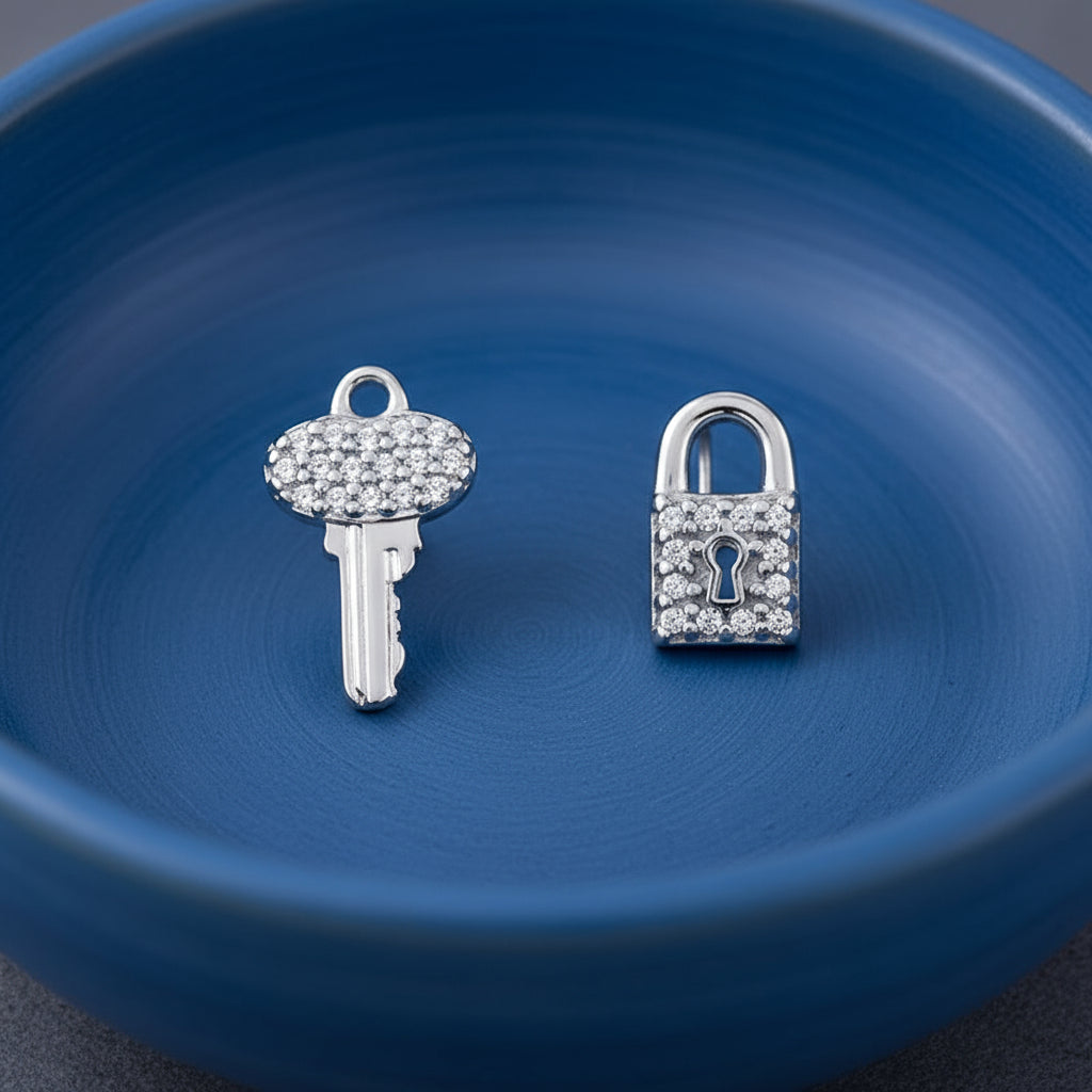 Unlock Elegance: Zirconia Lock & Key Stud Earrings