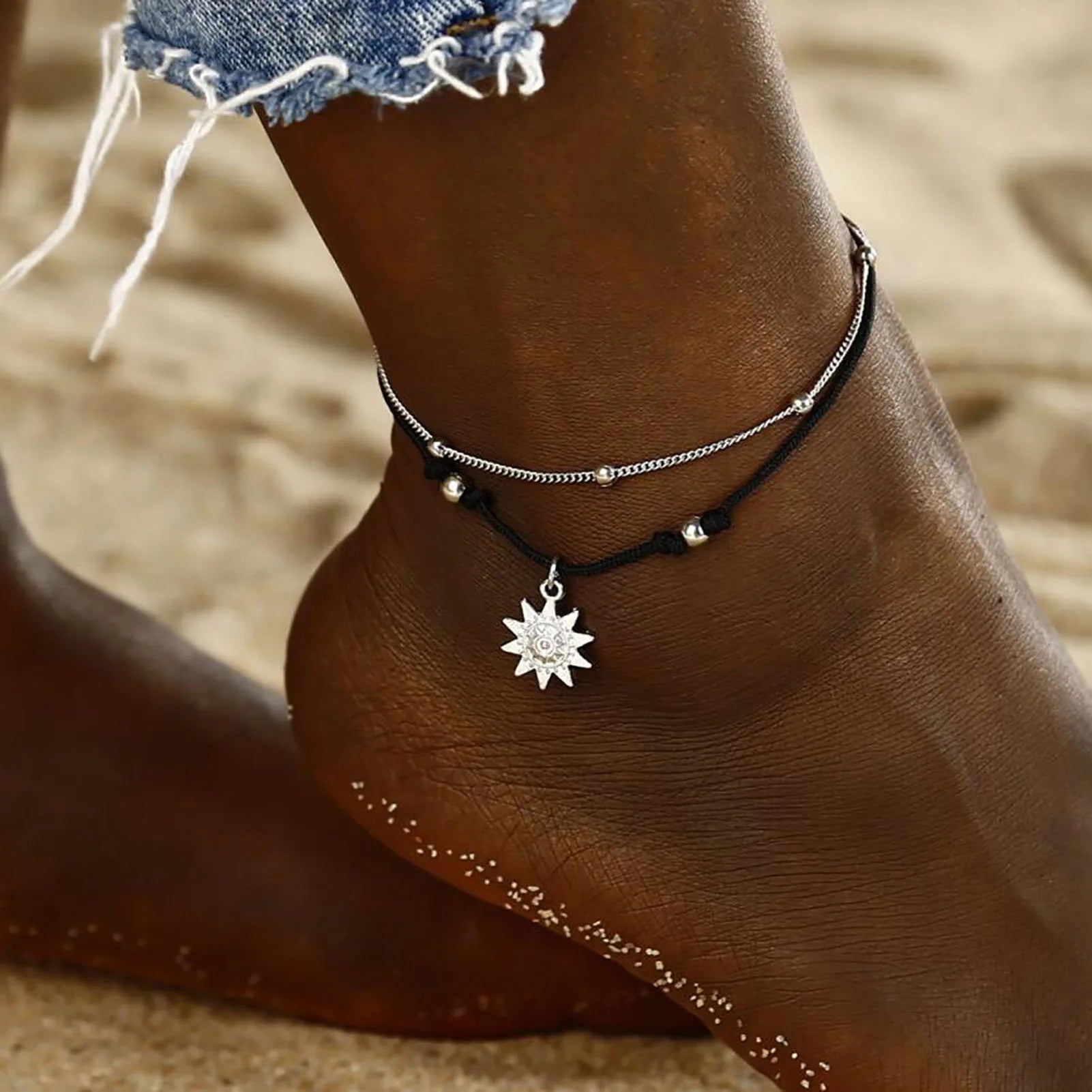 Whispers of Bloom: Plum Blossom Anklet in Tibetan Silver: Luxe Anklet for Serene Souls black  and silver
