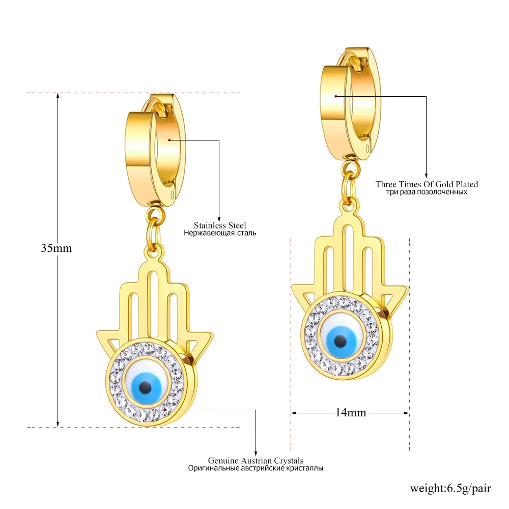 Religious Titanium Stainless Steel Blue Turkish Eyes Earrings Jewelry Fashion Rhinestone Hoop Earrings for Women E22053