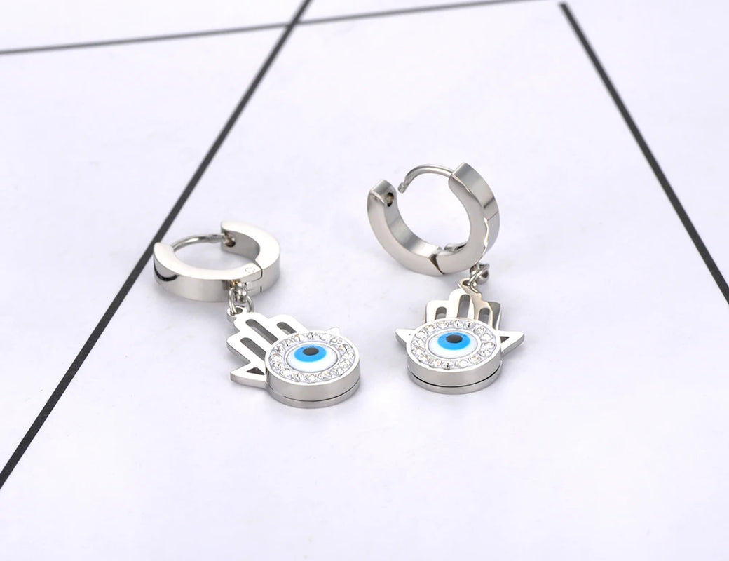 Religious Titanium Stainless Steel Blue Turkish Eyes Earrings Jewelry Fashion Rhinestone Hoop Earrings for Women E22053