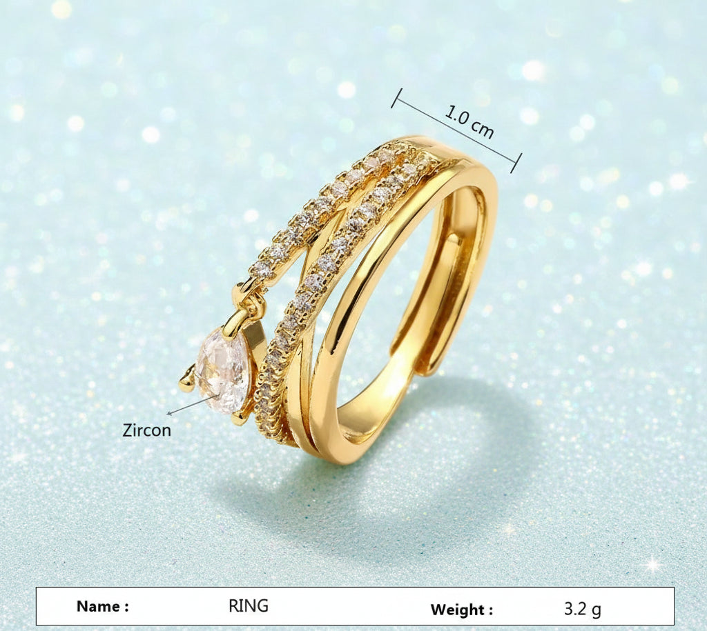 Sparkling Zircon Water Drop Ring - Elegant And Adjustable