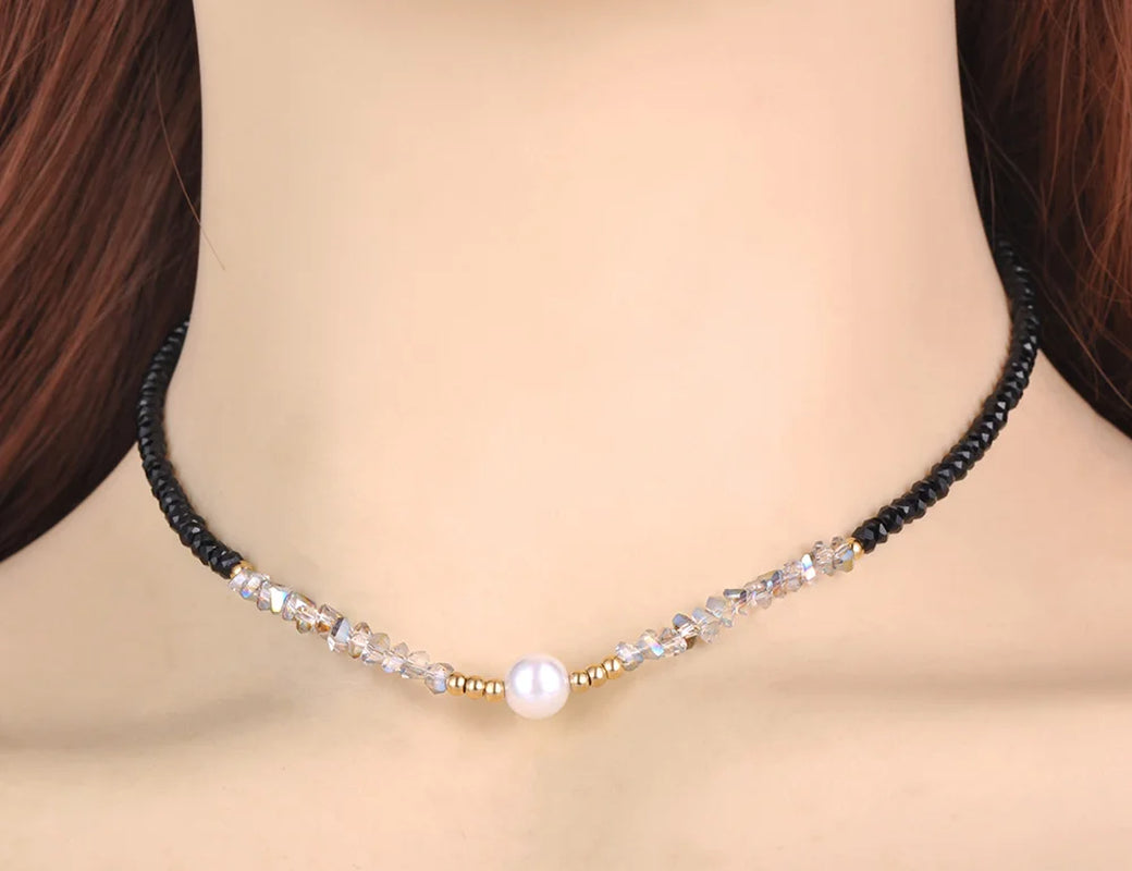 Titanium Stainless Steel White Pearl Choker Necklace with 4mm Crystal Strand for Women and Girls