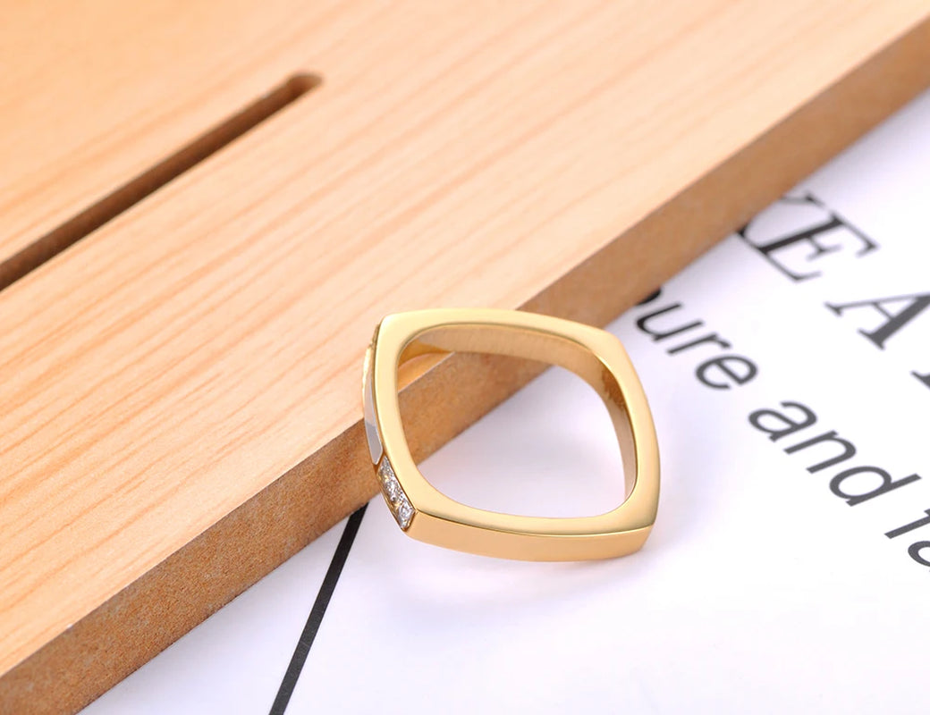 Titanium Stainless Steel Geometric Square Cubic Zirconia Ring with 18K Gold Plating and Bohemian Shell Design for Women - R21028
