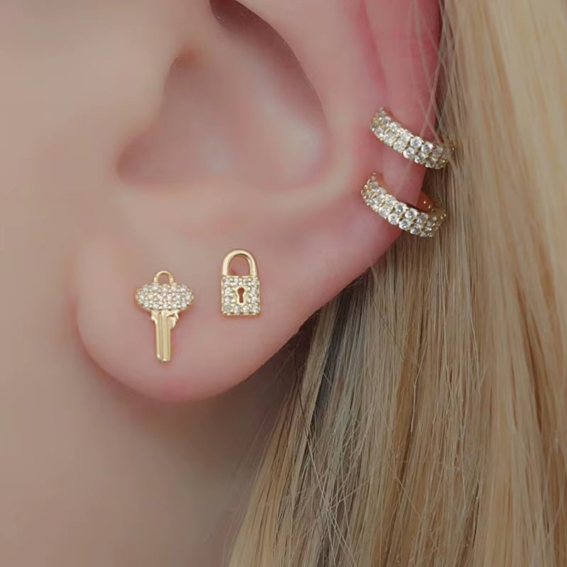Unlock Elegance: Zirconia Lock & Key Stud Earrings