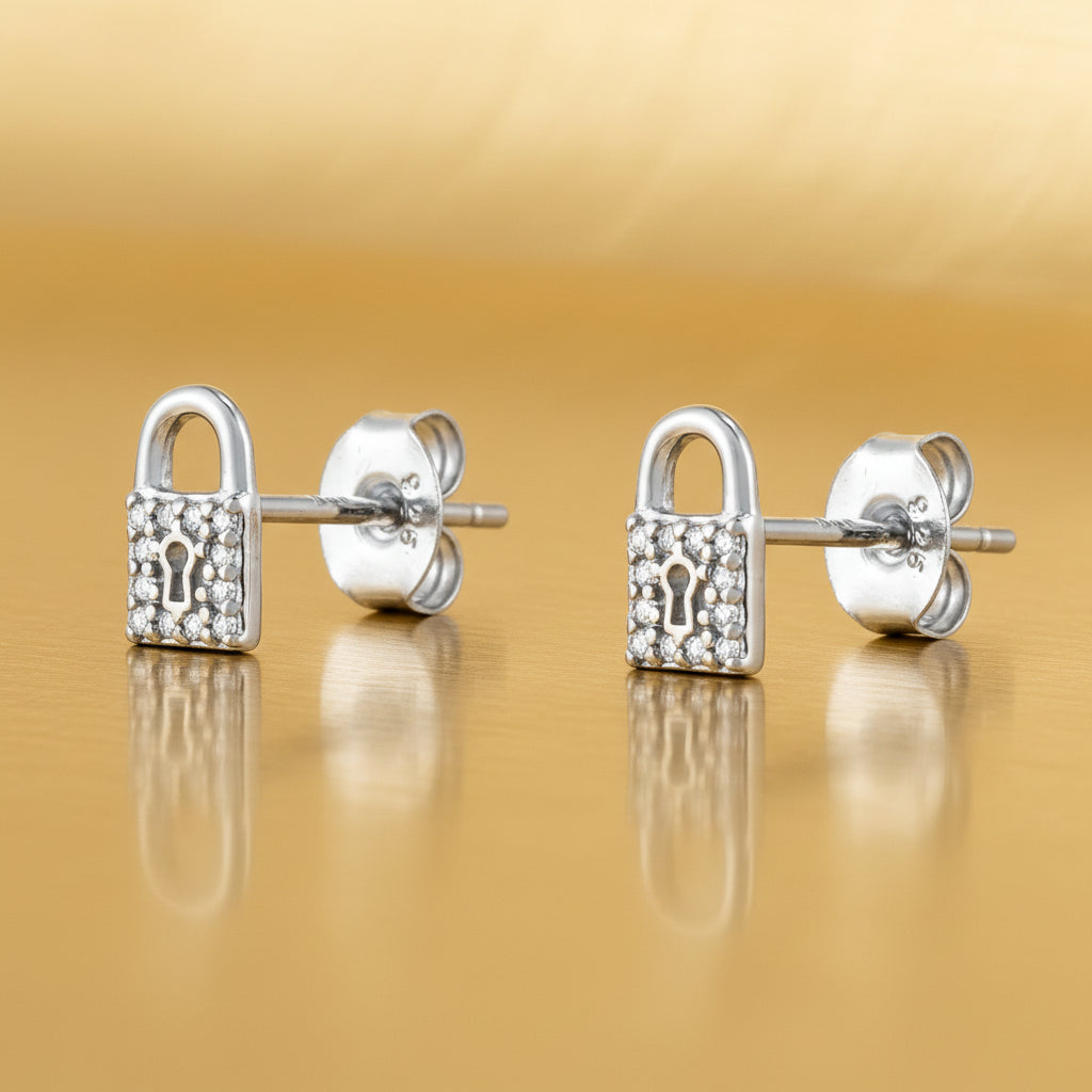 Unlock Elegance: Zirconia Lock & Key Stud Earrings