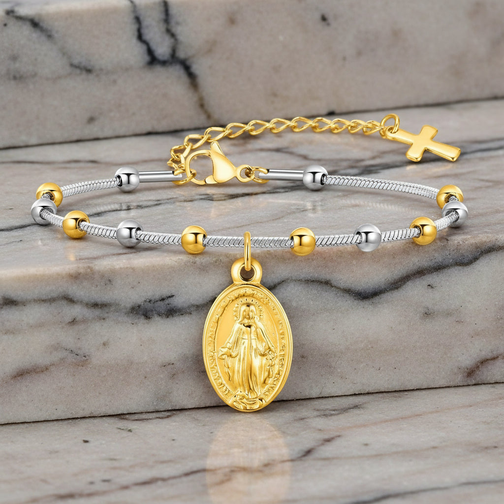Divine Grace Rosary Bracelet – Faith Woven in Golden Beauty