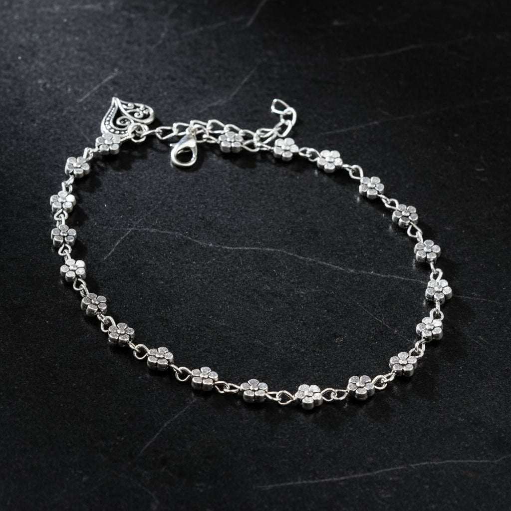Whispers of Bloom: Plum Blossom Anklet in Tibetan Silver: Luxe Anklet for Serene Souls silver heart full