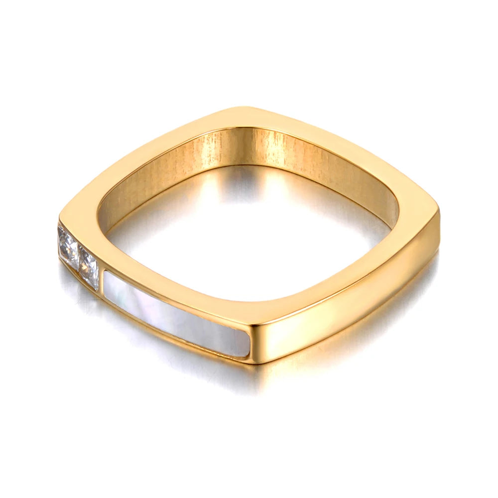 Titanium Stainless Steel Geometric Square Cubic Zirconia Ring with 18K Gold Plating and Bohemian Shell Design for Women - R21028