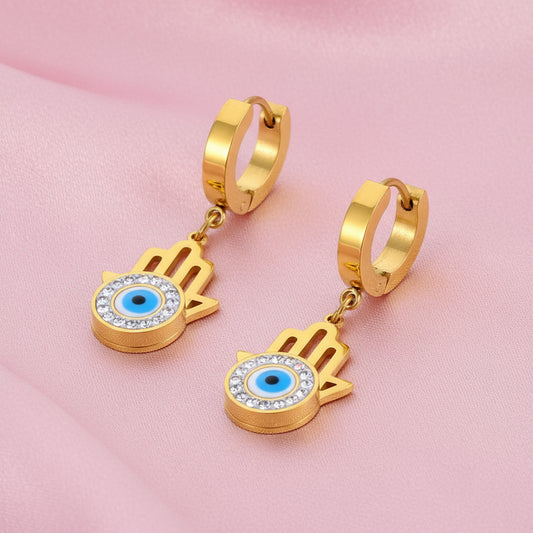 Religious Titanium Stainless Steel Blue Turkish Eyes Earrings Jewelry Fashion Rhinestone Hoop Earrings for Women E22053